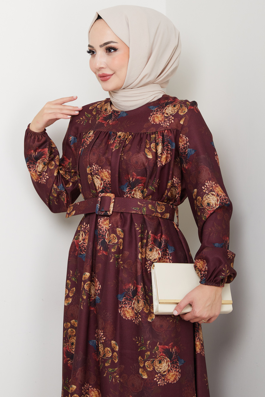 Çiçek Detaylı Tesettür Elbise - Bordo 