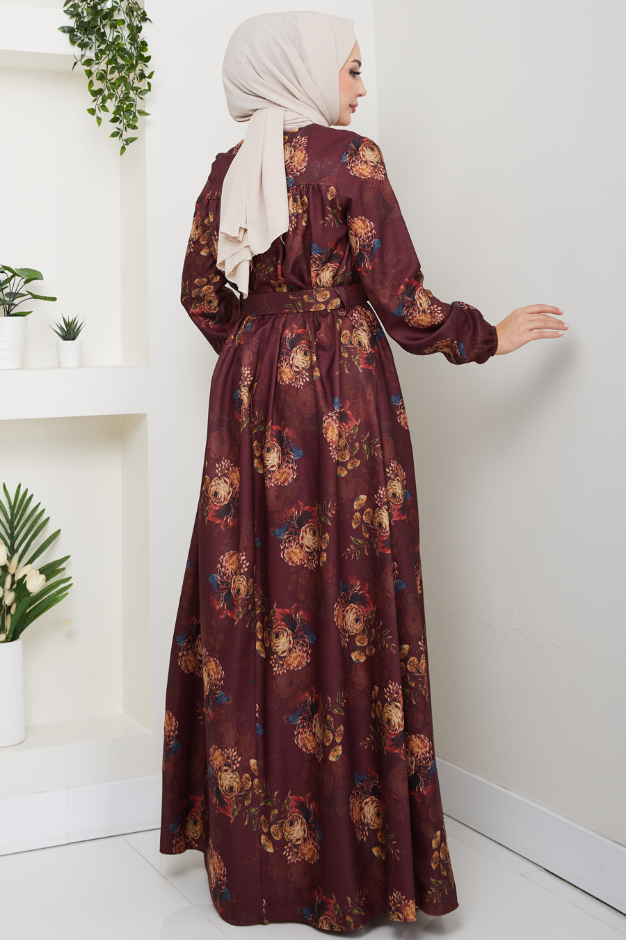 Çiçek Detaylı Tesettür Elbise - Bordo 