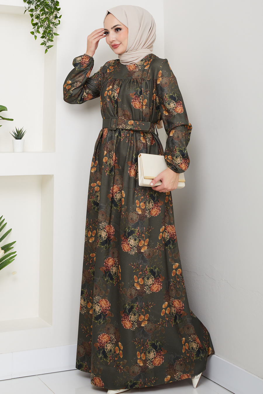 Çiçek Detaylı Tesettür Elbise - Haki