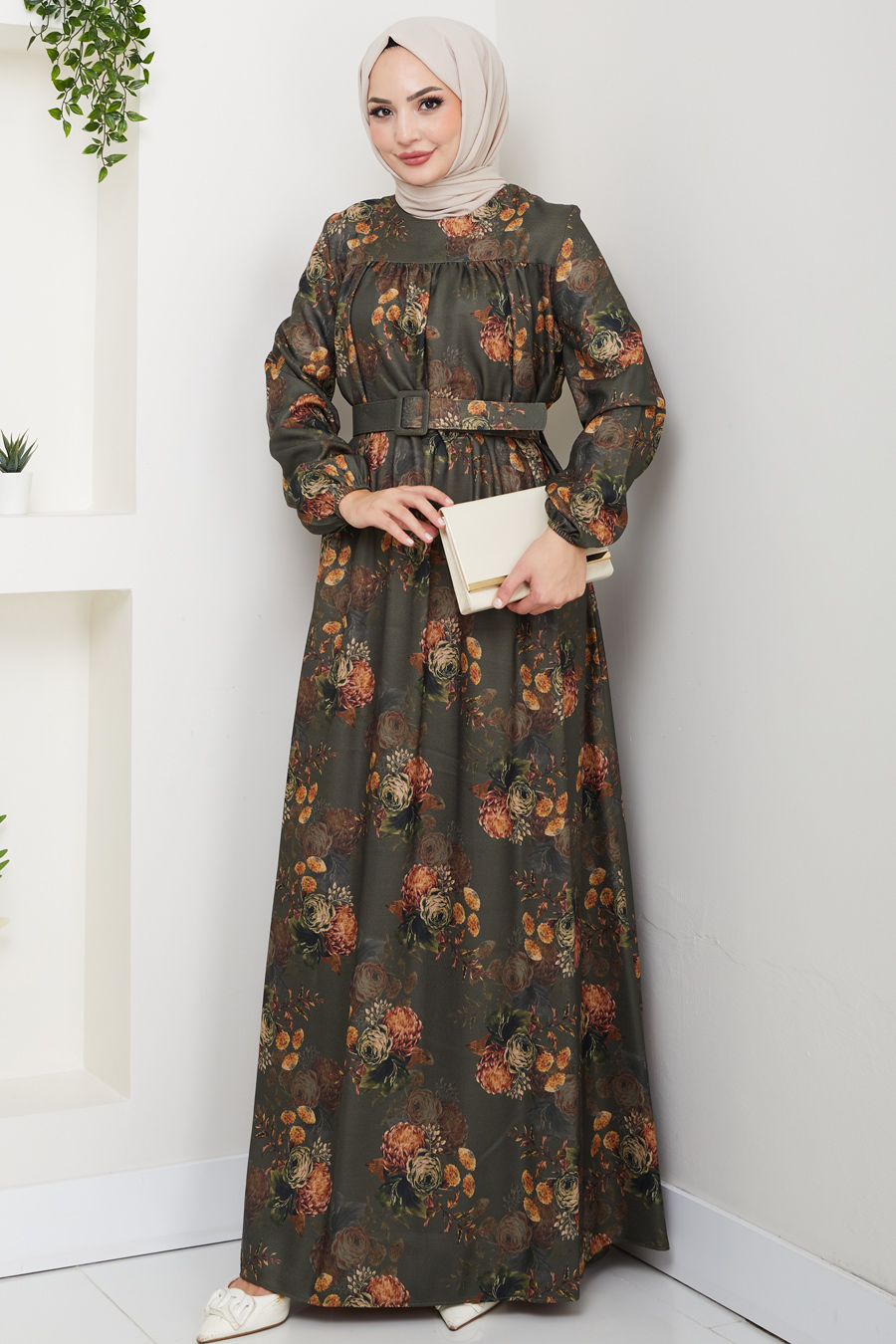 Çiçek Detaylı Tesettür Elbise - Haki