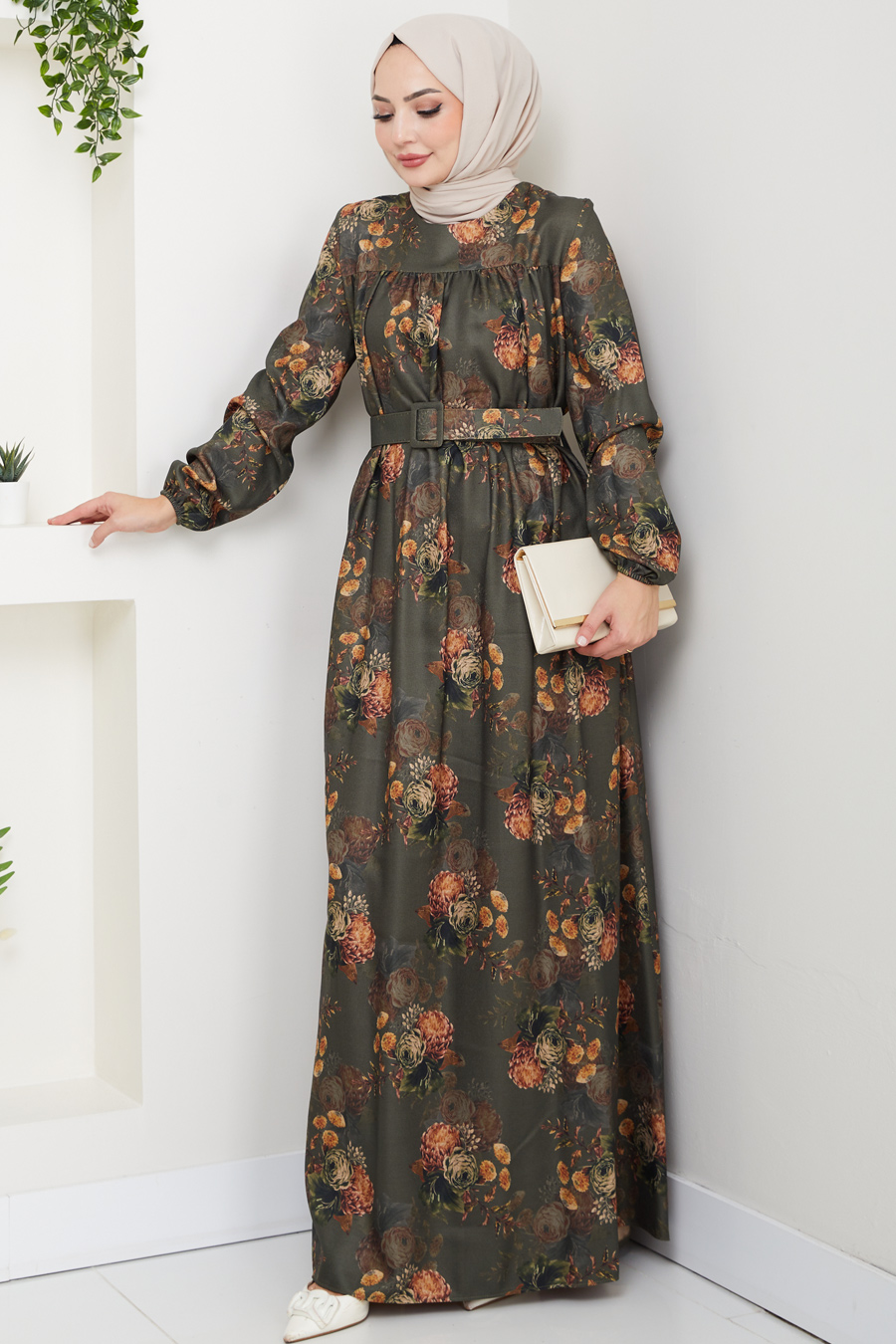 Çiçek Detaylı Tesettür Elbise - Haki