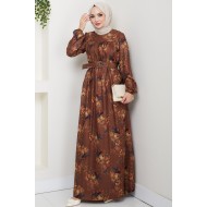 Çiçek Detaylı Tesettür Elbise - KAHVERENGİ