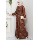 Çiçek Detaylı Tesettür Elbise - KAHVERENGİ