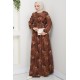 Çiçek Detaylı Tesettür Elbise - KAHVERENGİ