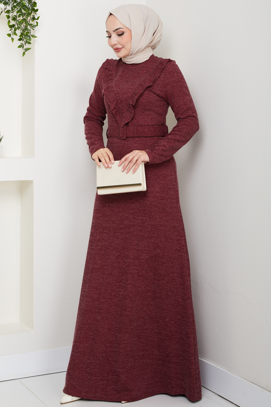 Fitilli Kumaş Tesettür Elbise - Bordo