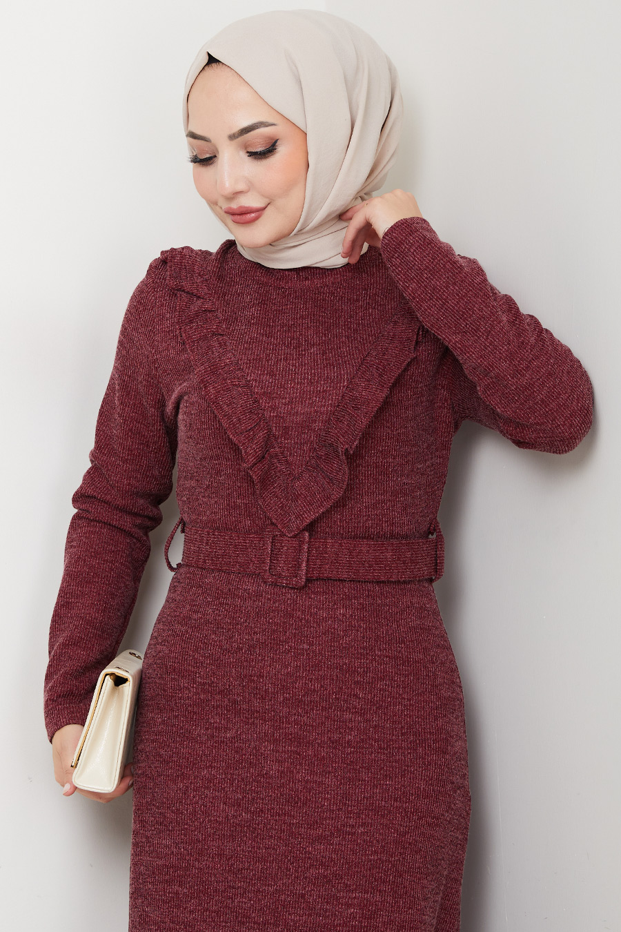 Fitilli Kumaş Tesettür Elbise - Bordo