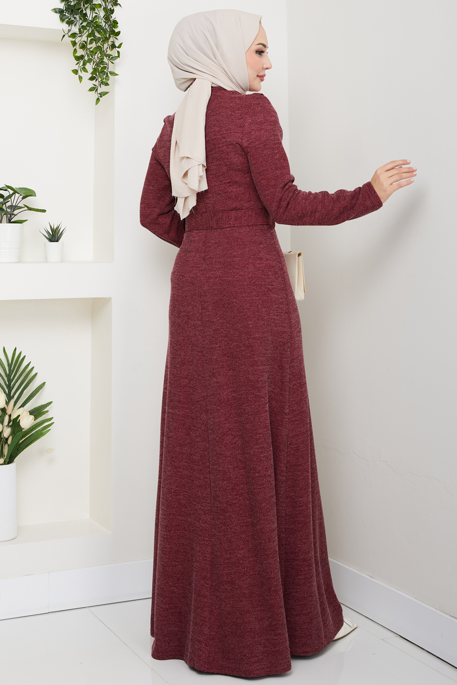 Fitilli Kumaş Tesettür Elbise - Bordo