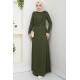 Fitilli Kumaş Tesettür Elbise - Haki