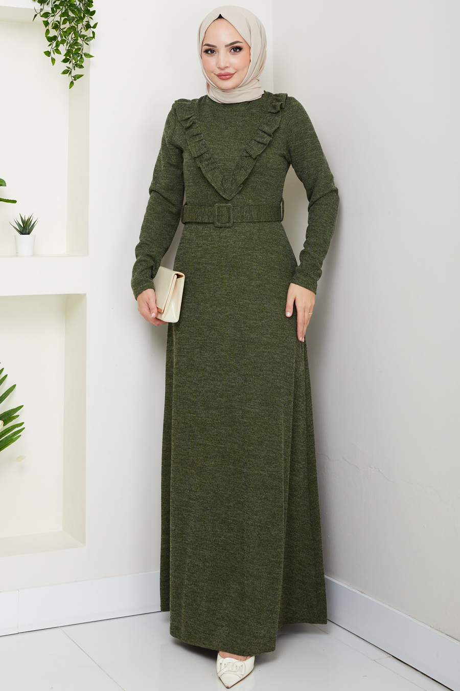 Fitilli Kumaş Tesettür Elbise - Haki