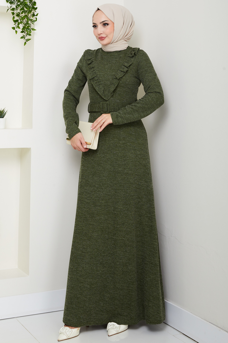 Fitilli Kumaş Tesettür Elbise - Haki