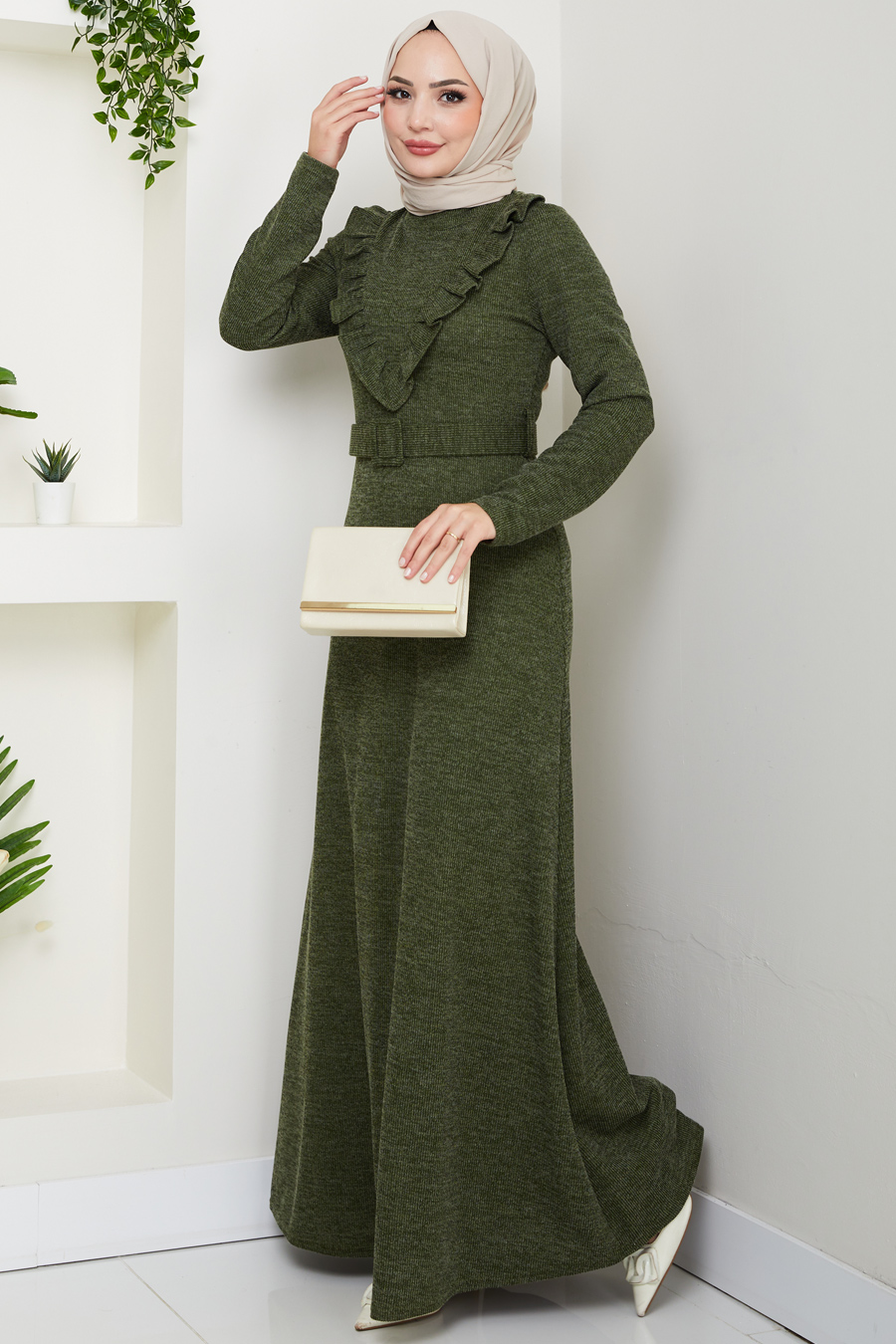 Fitilli Kumaş Tesettür Elbise - Haki