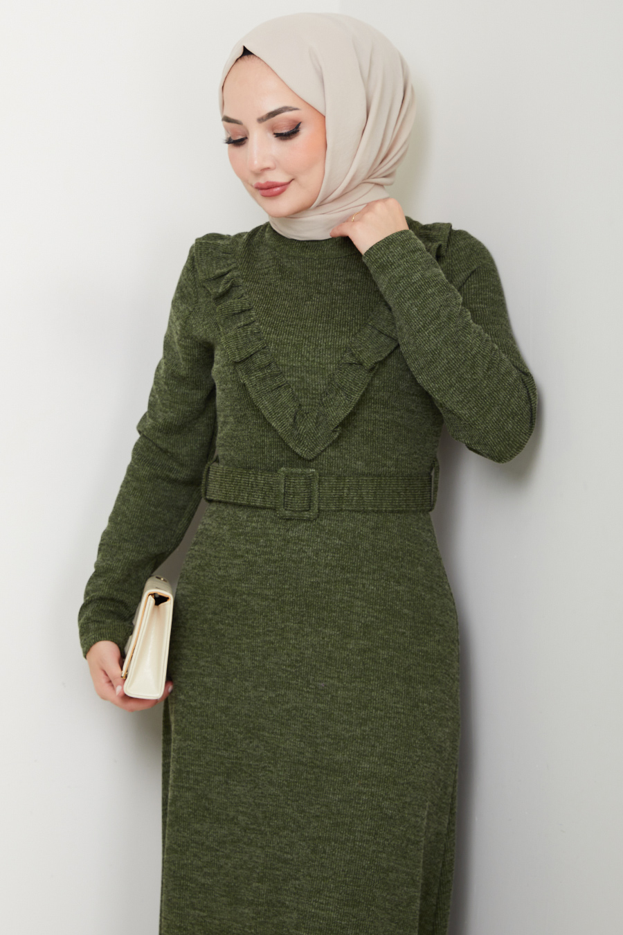 Fitilli Kumaş Tesettür Elbise - Haki