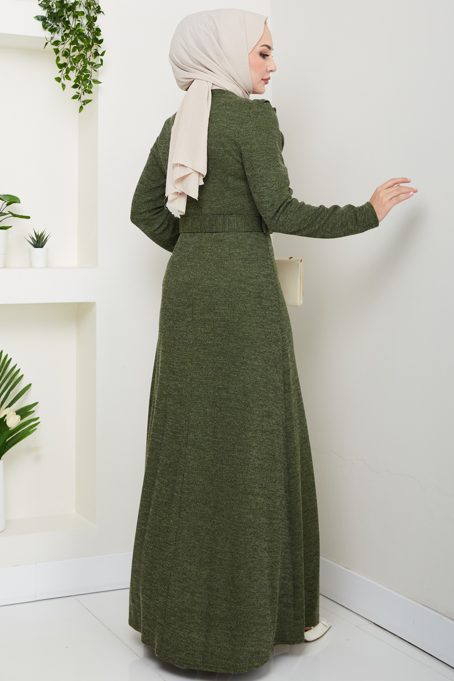 Fitilli Kumaş Tesettür Elbise - Haki