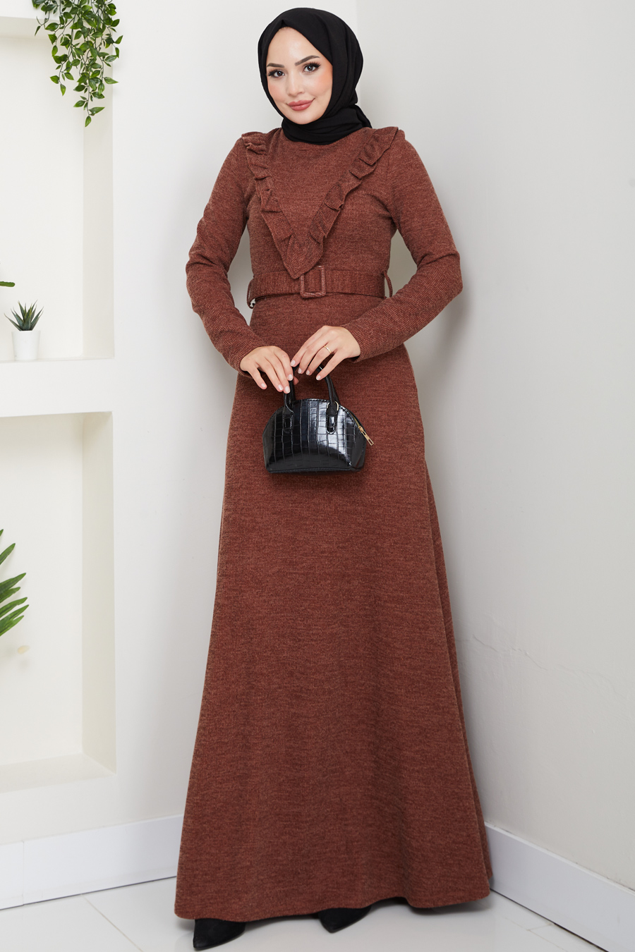 Fitilli Kumaş Tesettür Elbise -KAHVERENGİ
