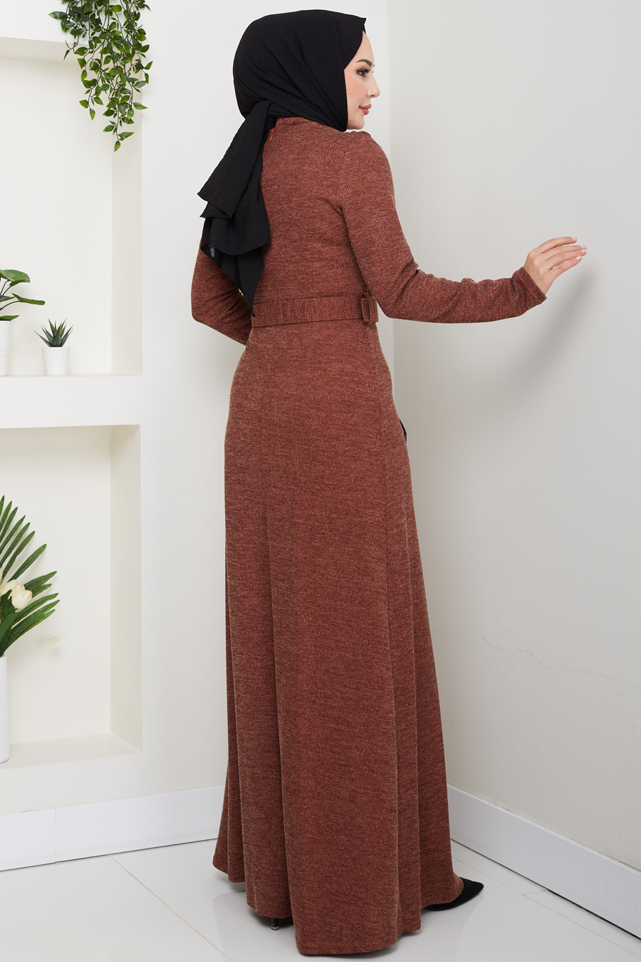 Fitilli Kumaş Tesettür Elbise -KAHVERENGİ