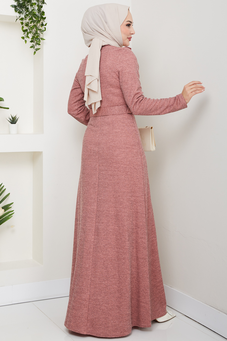 Fitilli Kumaş Tesettür Elbise - Pudra
