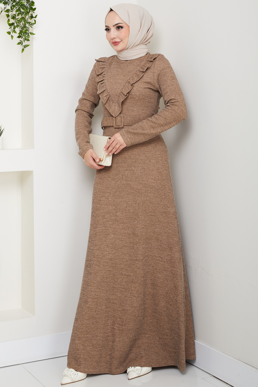 Fitilli Kumaş Tesettür Elbise - Vizon