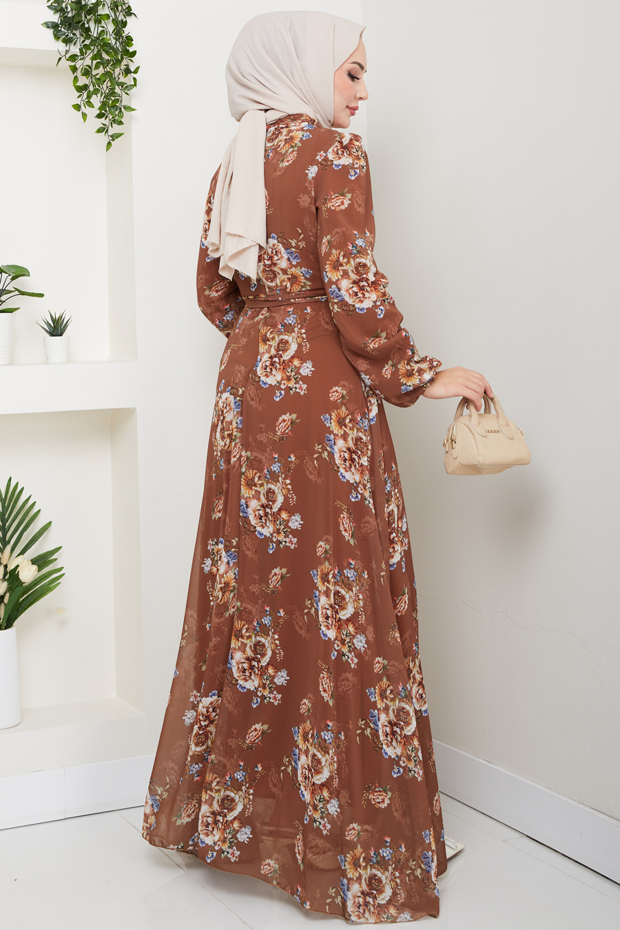 Çiçek Desenli Tesettür Elbise - Taba 