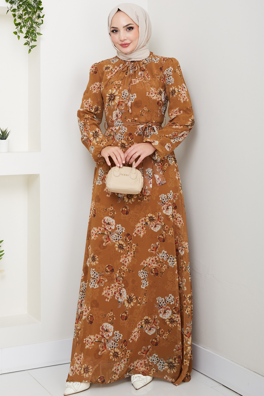 Çiçek Desenli Tesettür Elbise - Hardal