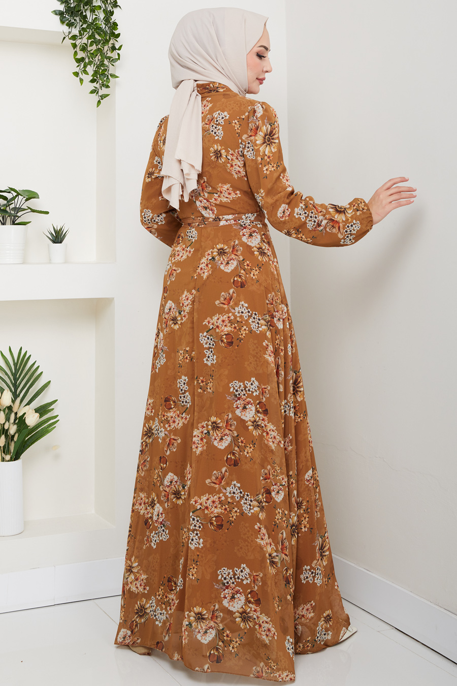 Çiçek Desenli Tesettür Elbise - Hardal