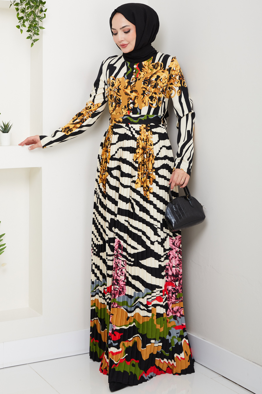 Zebra Desenli Tesettür Elbise