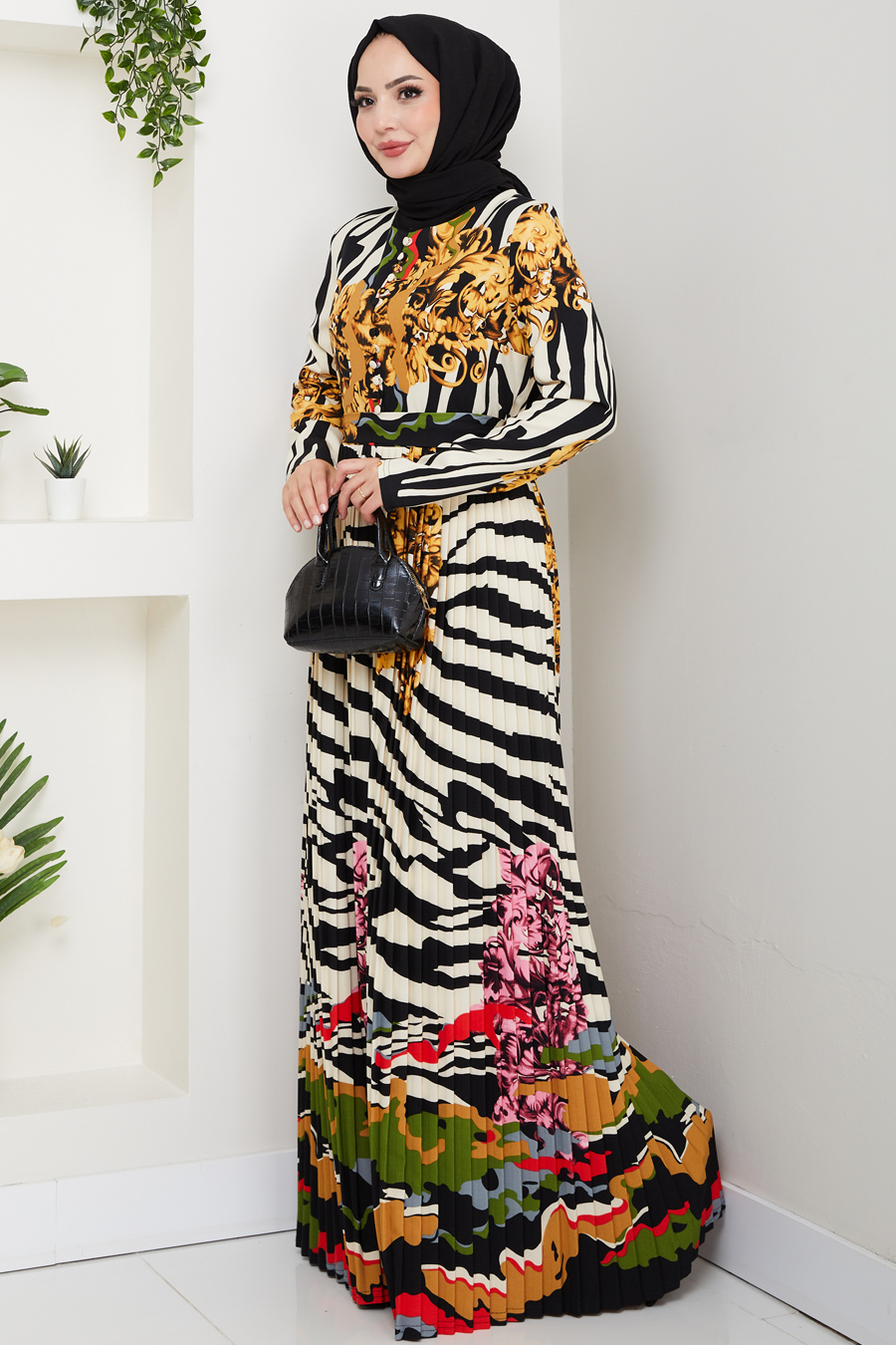 Zebra Desenli Tesettür Elbise