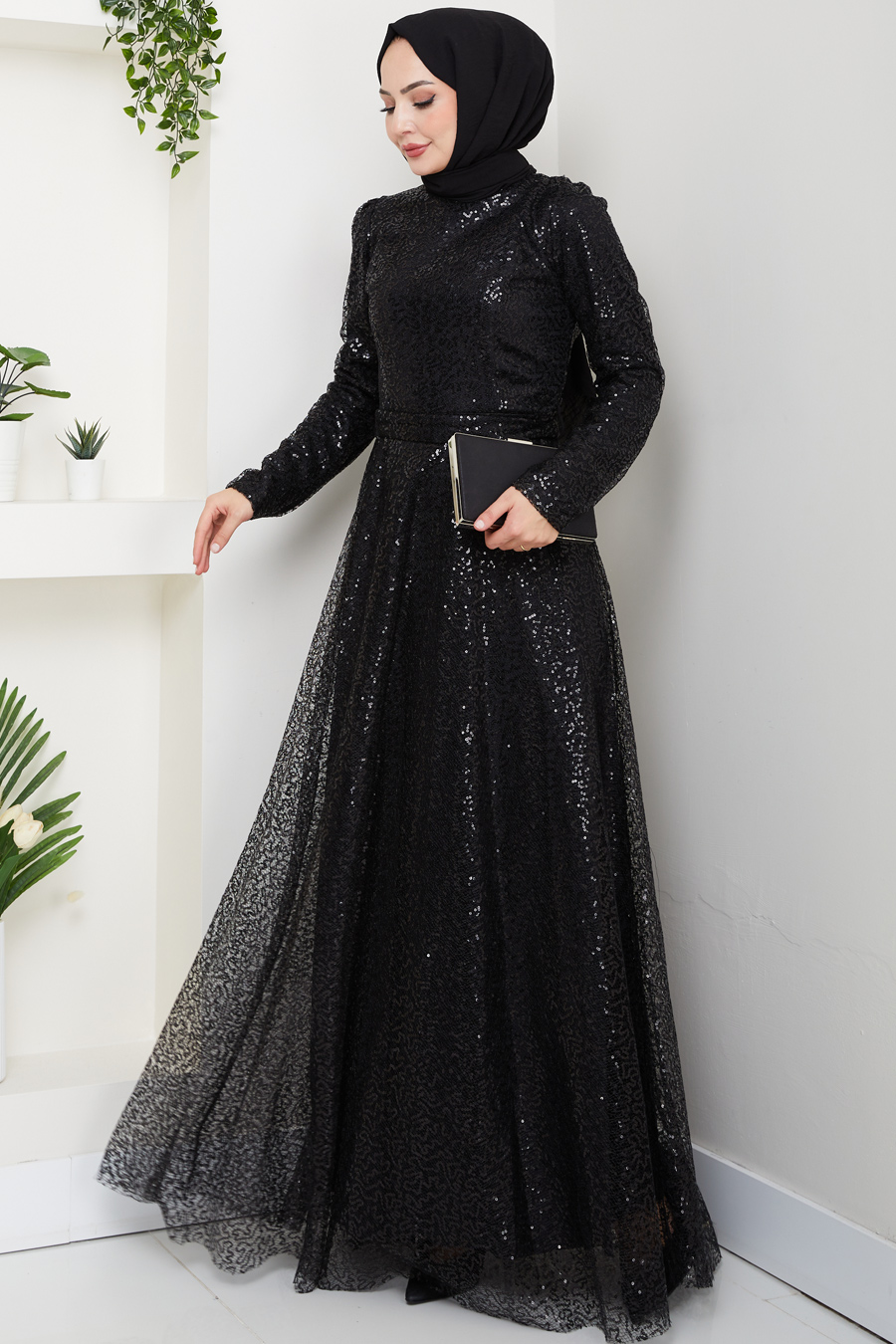 Payetli Abiye Elbise - Siyah