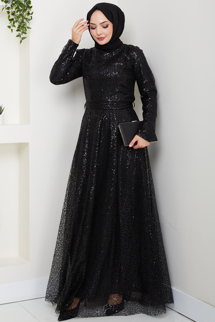 Payetli Abiye Elbise - Siyah