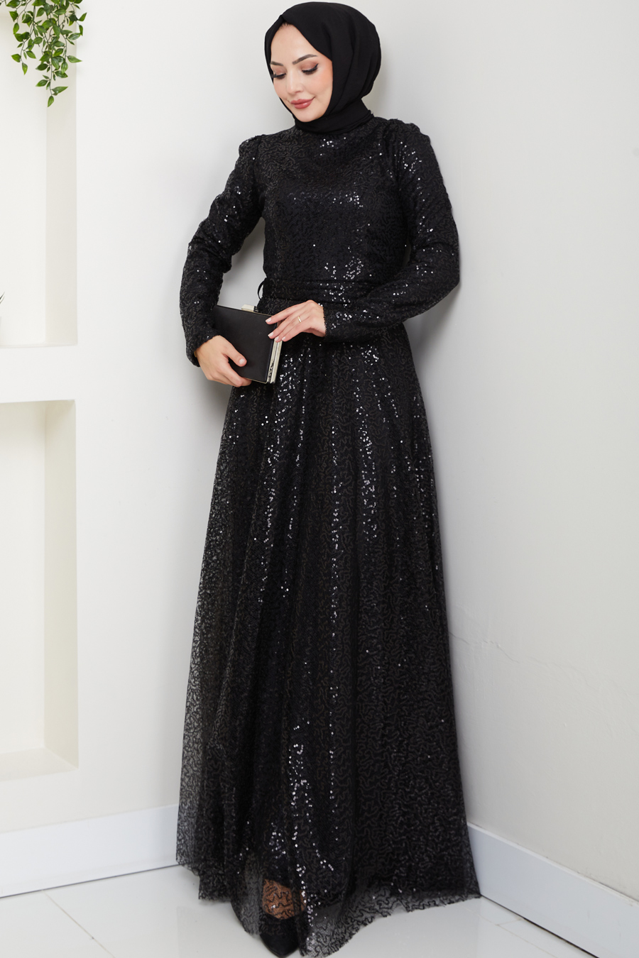 Payetli Abiye Elbise - Siyah