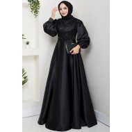 Çiçek Detaylı Tesettür Abiye Elbise - Siyah