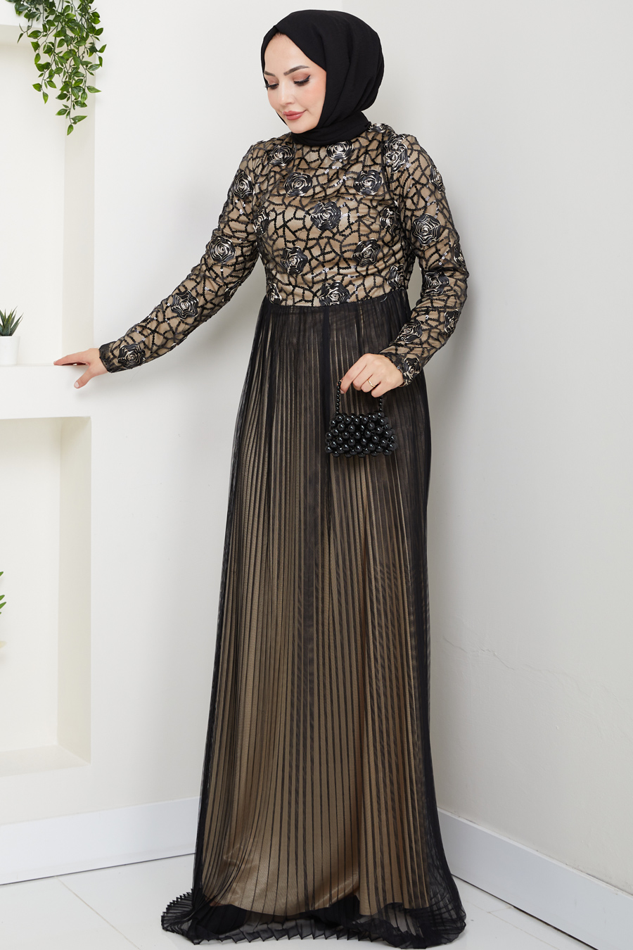Payet Detaylı Tesettür Abiye Elbise - Siyah