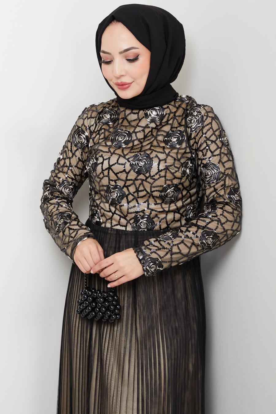 Payet Detaylı Tesettür Abiye Elbise - Siyah