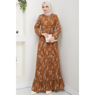 Eteği Piliseli Şifon Tesettür Elbise - Hardal