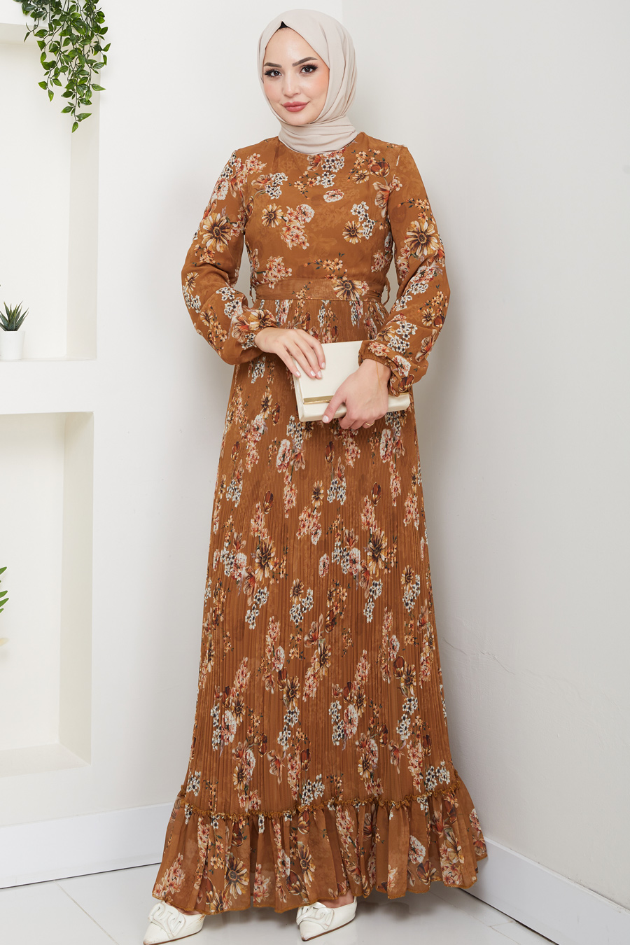 Eteği Piliseli Şifon Tesettür Elbise - Hardal