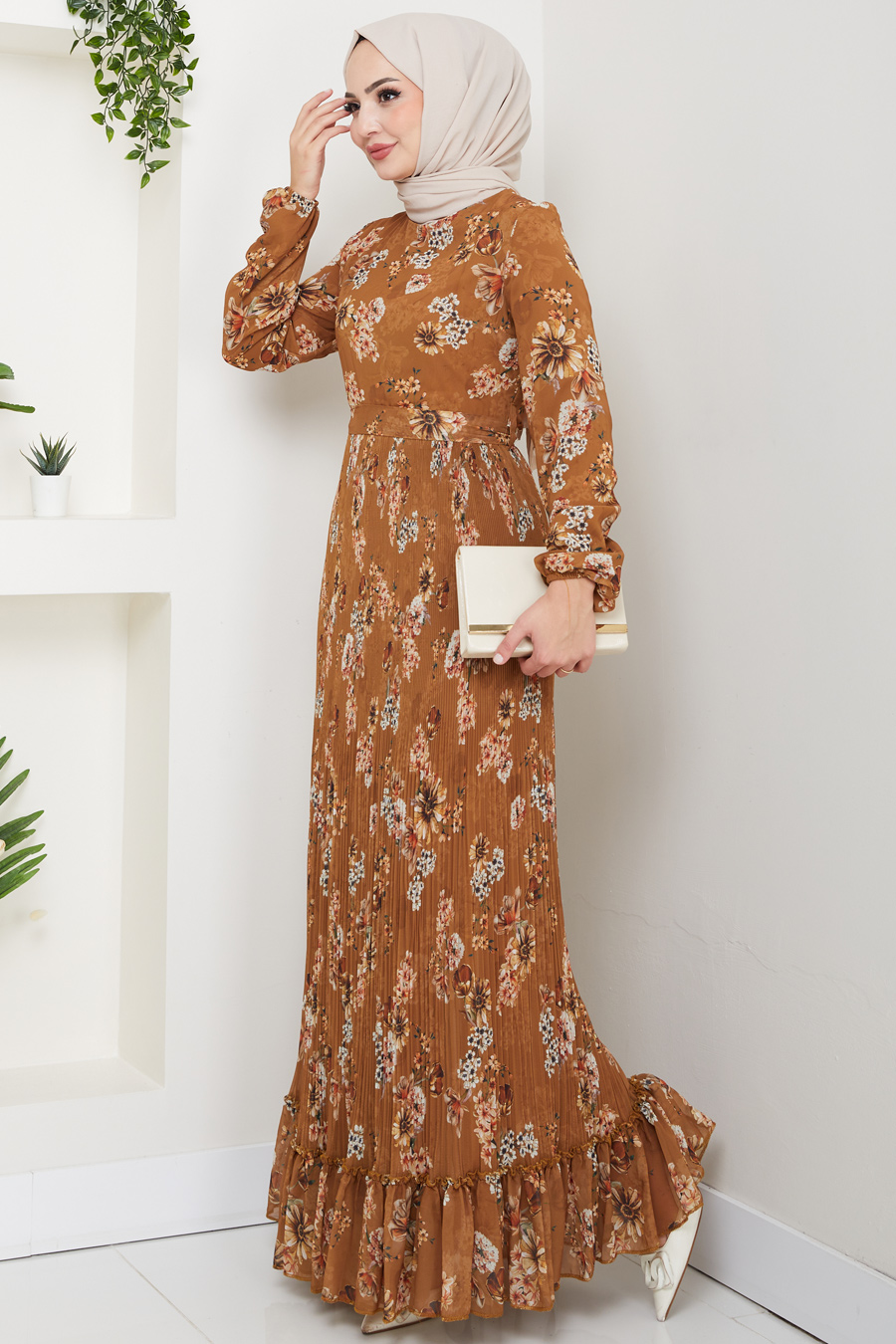 Eteği Piliseli Şifon Tesettür Elbise - Hardal