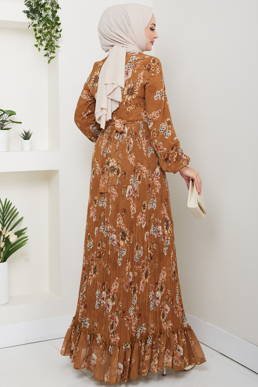 Eteği Piliseli Şifon Tesettür Elbise - Hardal