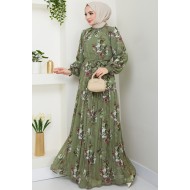 Çiçek  Desenli Tesettür Elbise - yesil