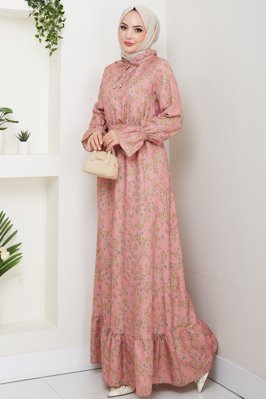 Çiçek Desenli Tesettür Elbise - Pudra