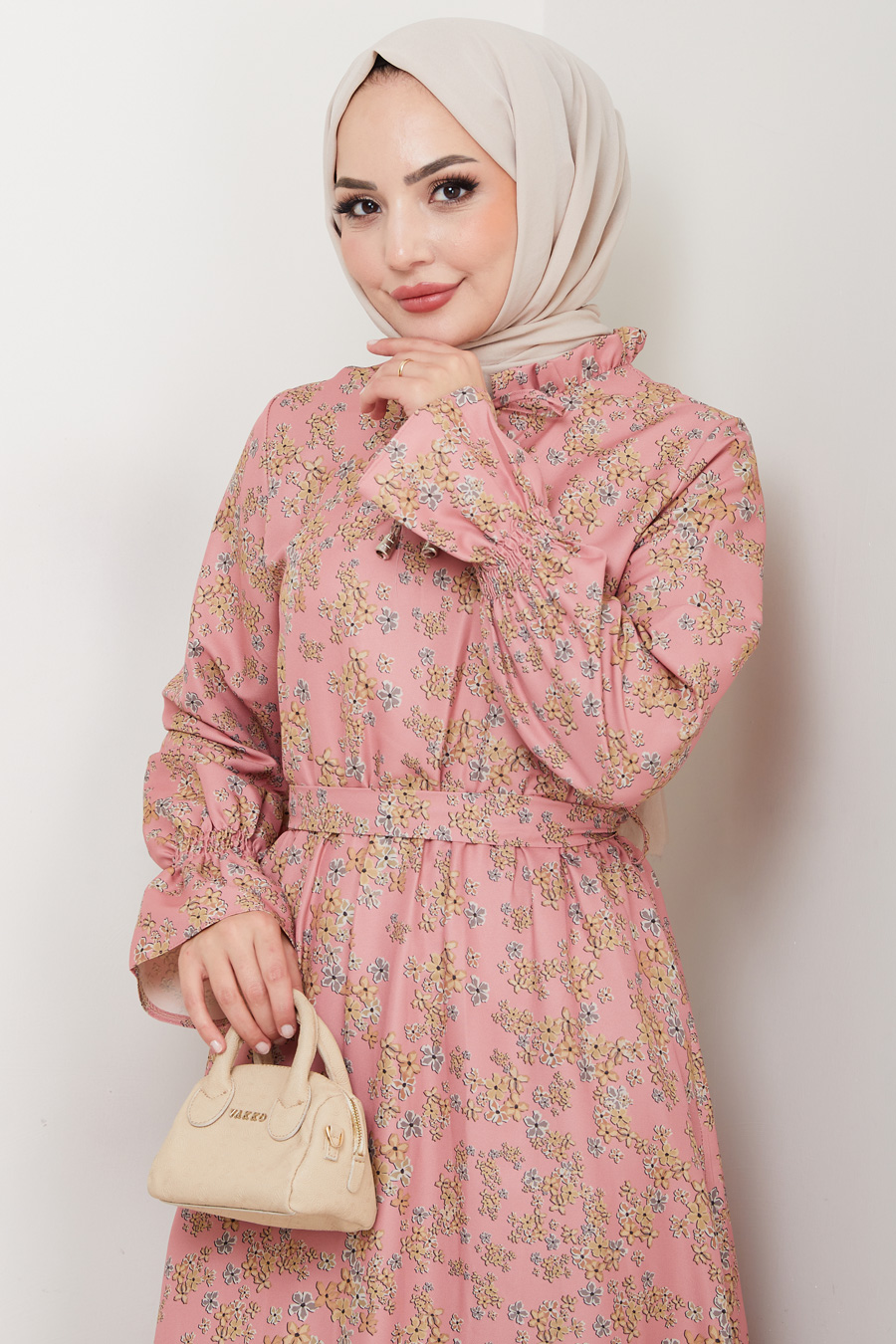 Çiçek Desenli Tesettür Elbise - Pudra