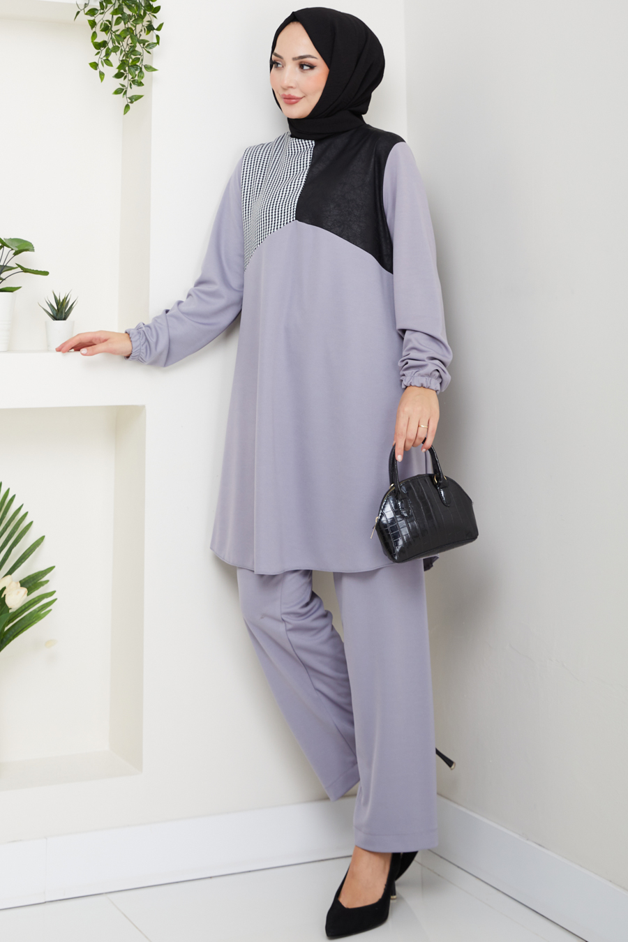 Kaz Ayağı Detaylı Tunik Pantolon İkili Tesettür Takım - Gri