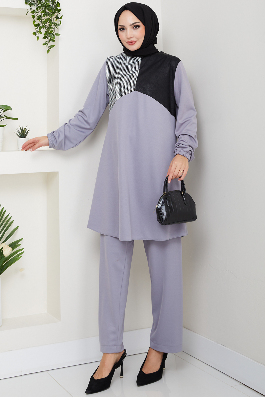 Kaz Ayağı Detaylı Tunik Pantolon İkili Tesettür Takım - Gri