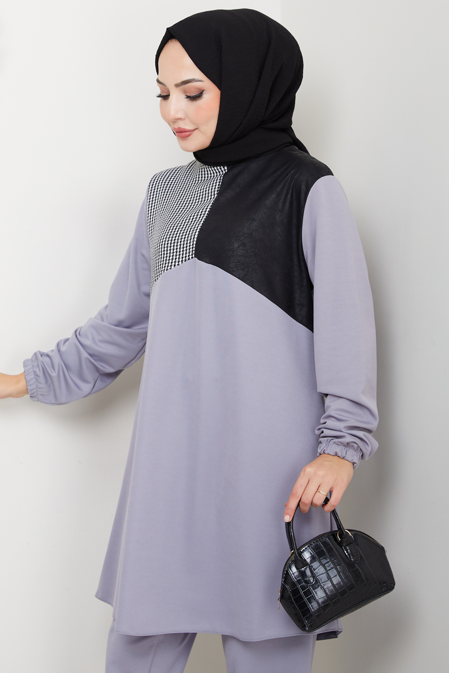 Kaz Ayağı Detaylı Tunik Pantolon İkili Tesettür Takım - Gri