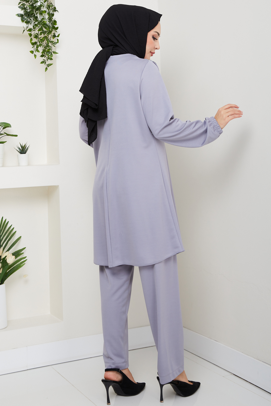 Kaz Ayağı Detaylı Tunik Pantolon İkili Tesettür Takım - Gri