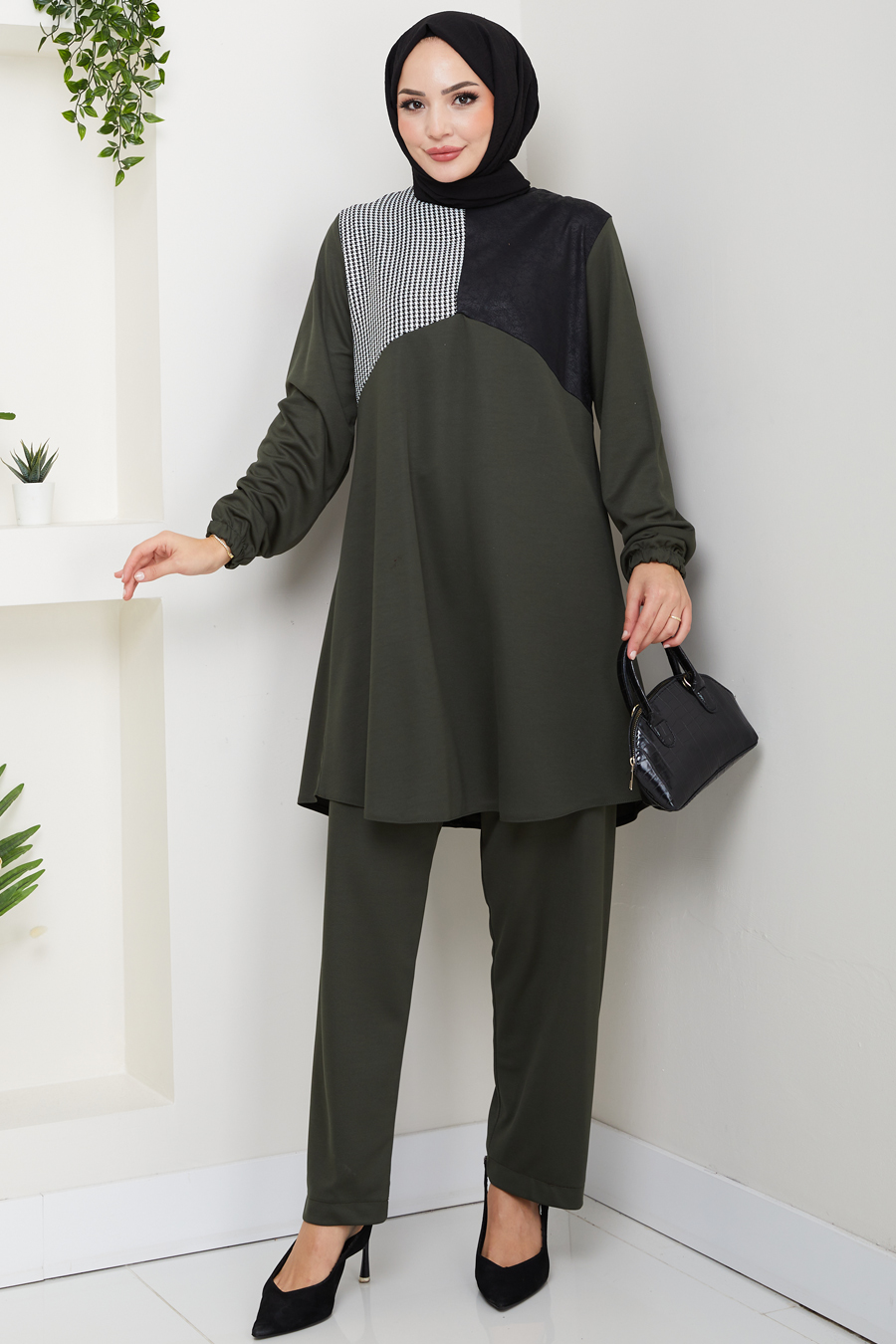 Kaz Ayağı Detaylı Tunik Pantolon İkili Tesettür Takım - Haki