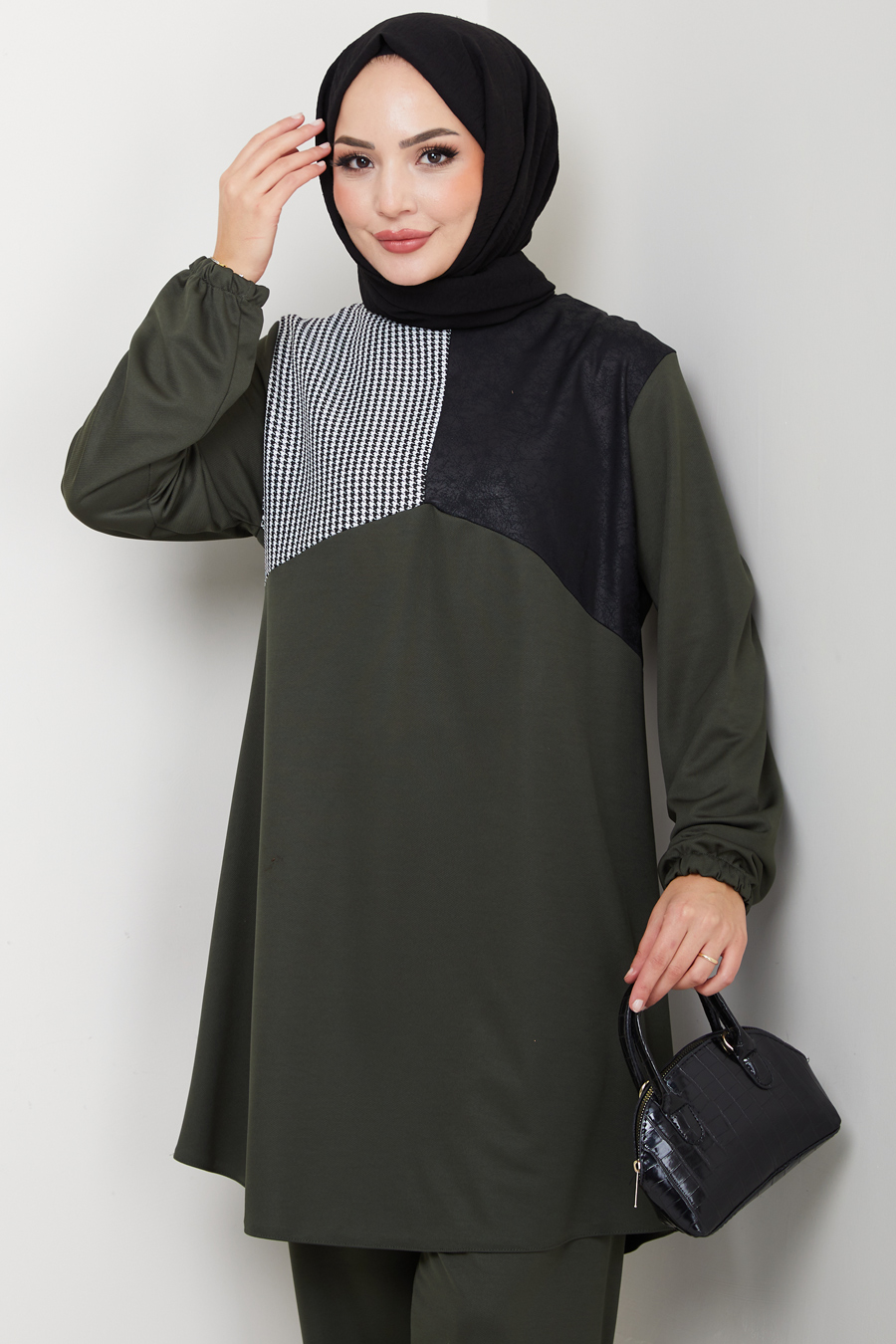 Kaz Ayağı Detaylı Tunik Pantolon İkili Tesettür Takım - Haki