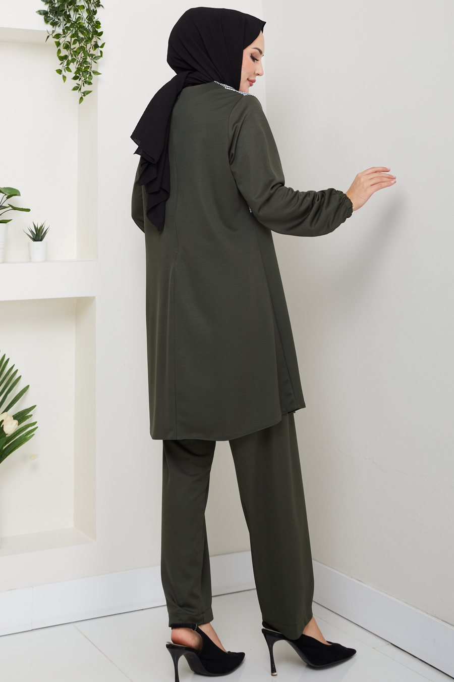 Kaz Ayağı Detaylı Tunik Pantolon İkili Tesettür Takım - Haki