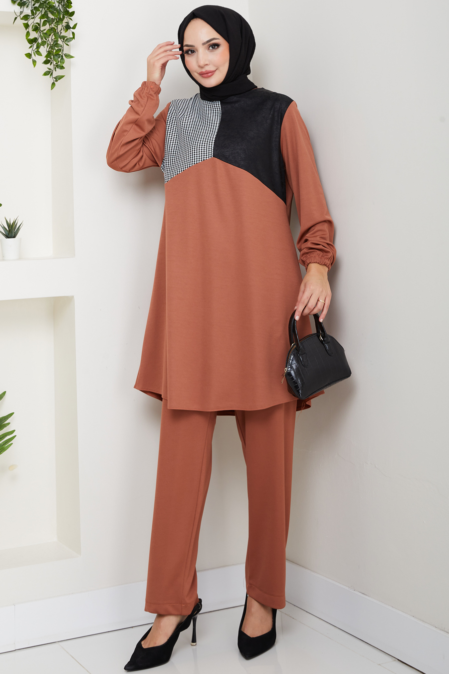 Kaz Ayağı Detaylı Tunik Pantolon İkili Tesettür Takım - Kiremit