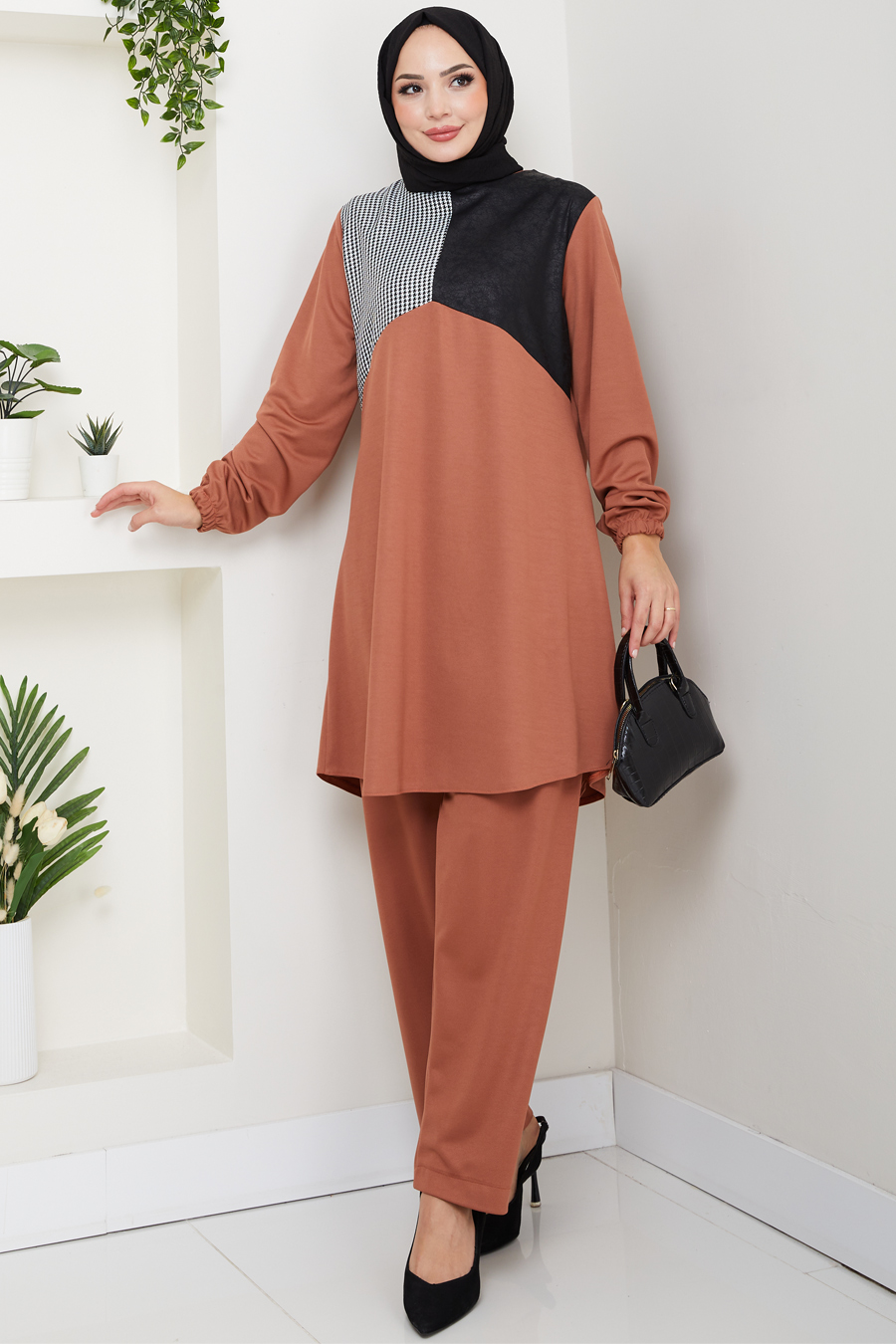 Kaz Ayağı Detaylı Tunik Pantolon İkili Tesettür Takım - Kiremit