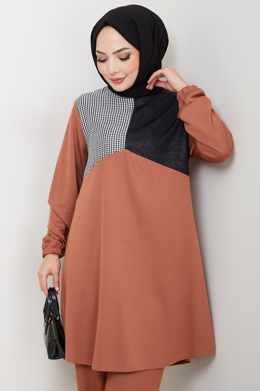 Kaz Ayağı Detaylı Tunik Pantolon İkili Tesettür Takım - Kiremit