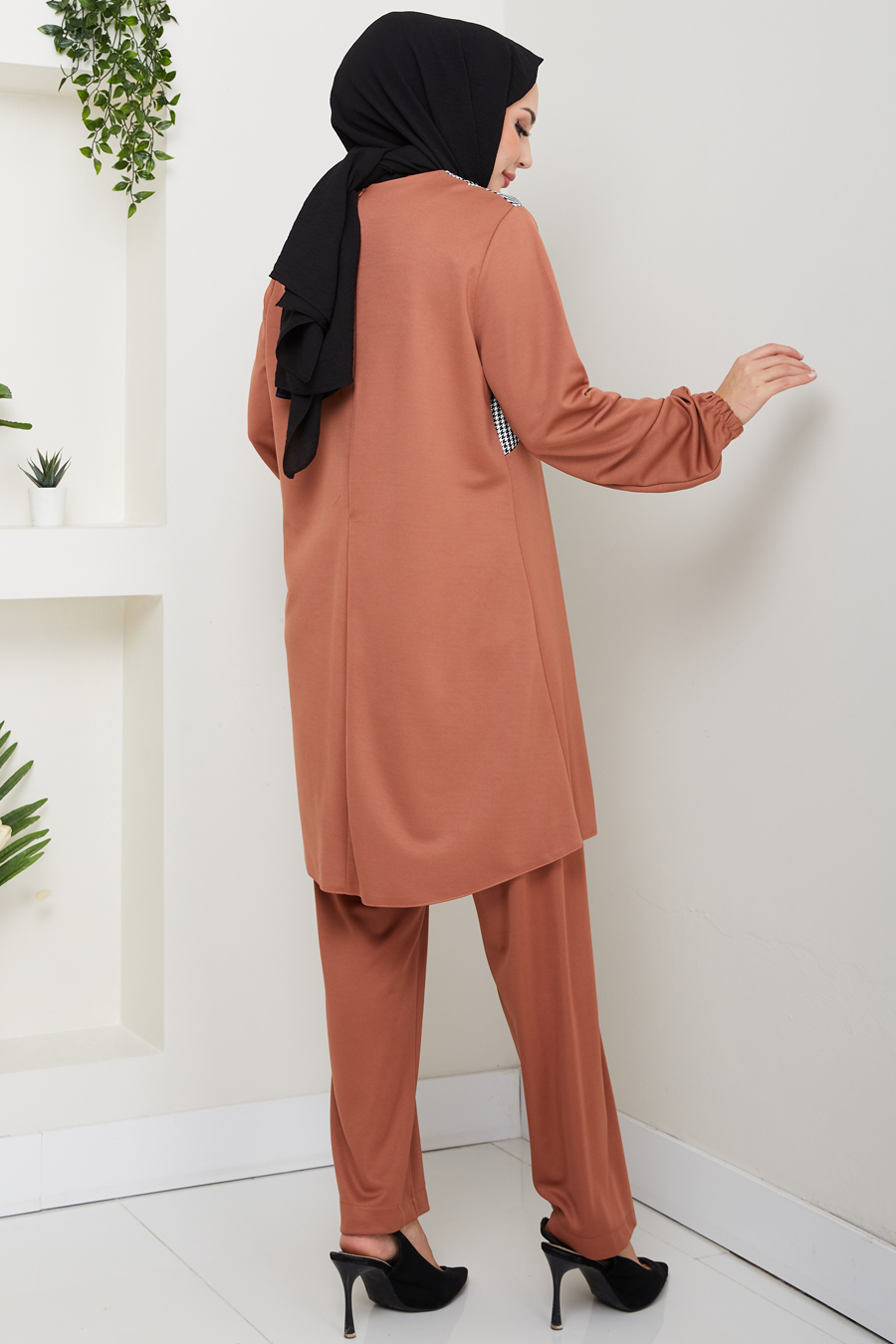 Kaz Ayağı Detaylı Tunik Pantolon İkili Tesettür Takım - Kiremit